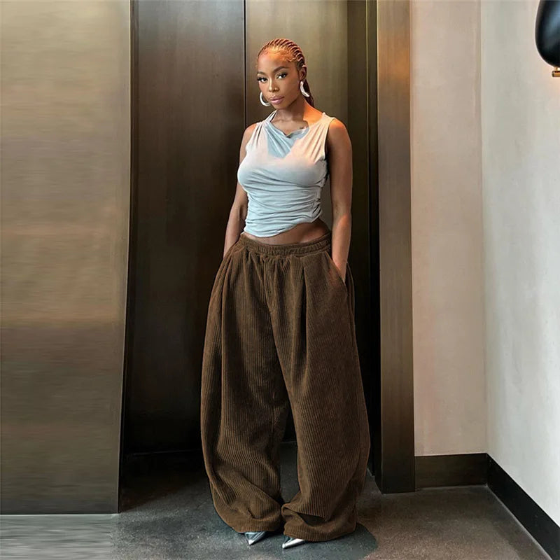 Casual Women's Pants  Wide Leg Corduroy Women's Pants Hip Hop Loose Basic Pockets High Waist Pants