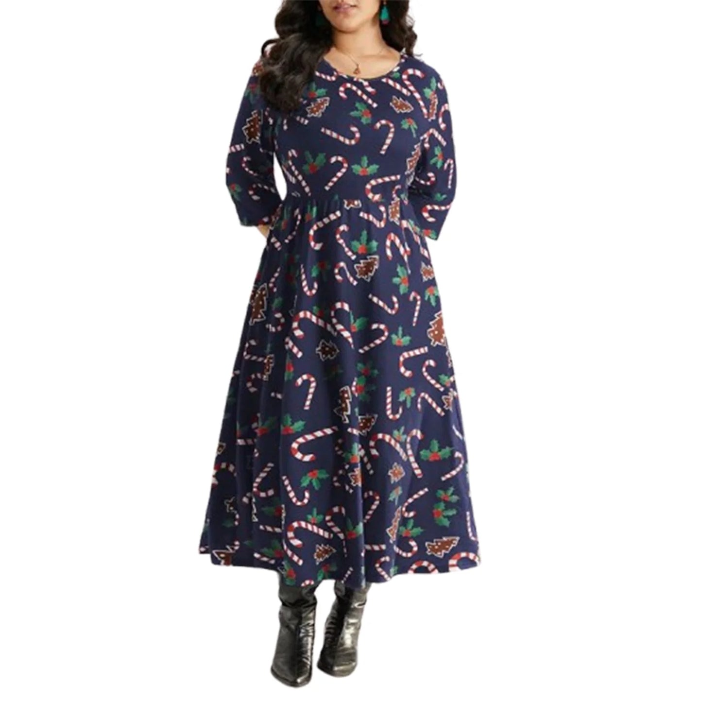 Women Plus Size Dress Candy Cane Print O-Neck  3/4 Sleeve Maxi Dress Winter Elegant Christmas Party Dress for Curvy Ladies