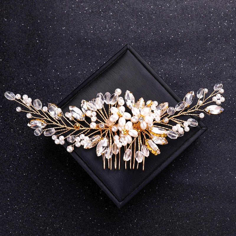 Gold Color Crystal Pearl Hair Comb Headband For Women Bride Party Bridal Wedding Hair Accessories Jewelry Comb Headband