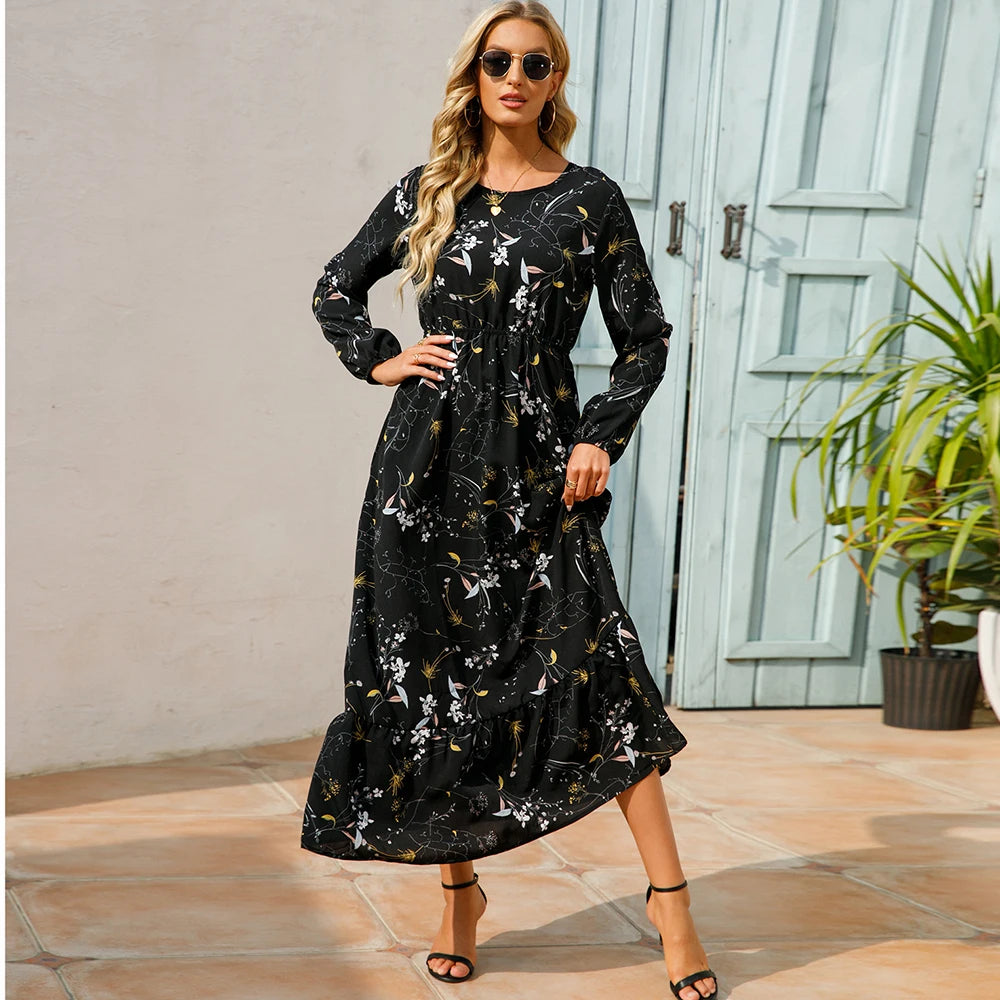 Bohemian Women's Maxi Dress Casual Long Sleeve High Waist Beach Woman Chiffon Dresses Floral