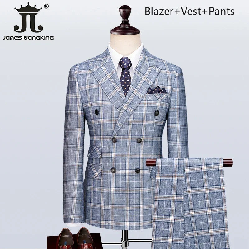( Blazer + Vest + Pants ) Boutique British Style Men's Suit Plaid Dress Business Casual Formal Suits 3Pcs Set