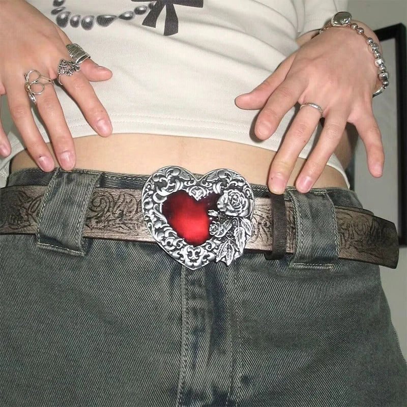 Gothic Punk Leather Belt For Women Metal Red  Heart Buckle Waist Strap Jeans Decorative Waistband Accessories