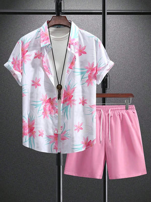 Hawaiian Coconut Tree Print Men's Shirt Summer Short Sleeve Tops Beach Shorts 2 Piece Sets Casual Vacation Style Outfit Clothing