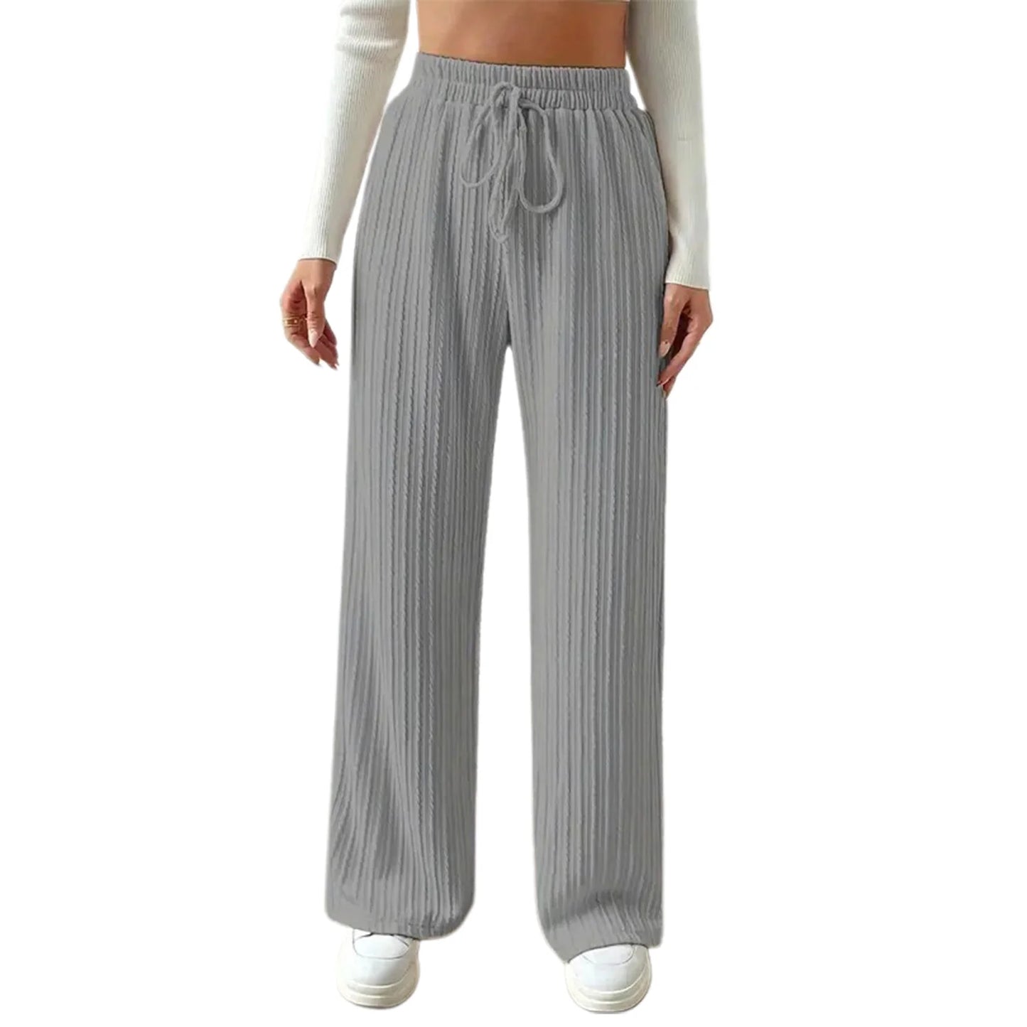 Elegant Ribbed Knit Palazzo Pants with Chic Drawstring High Waistband Comfy Wide Leg Trousers for Women s Casual Wear