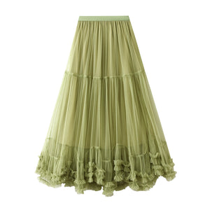 Women’s Tulle Long Skirts Elastic High Waist Ruffle Hem Fluffy A-line Midi Skirts