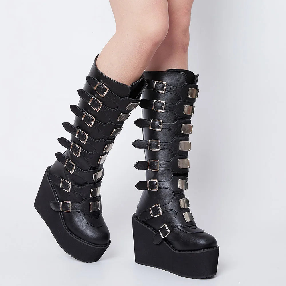 Punk Motorcycle Boots Platform High Wedges Heel Zipper Metal Buckle Mid-Calf Boots Goth