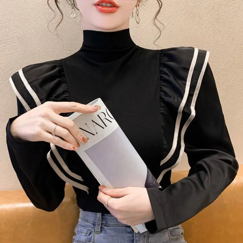 Stylish Turtleneck Spliced Folds Ruffles Blouse