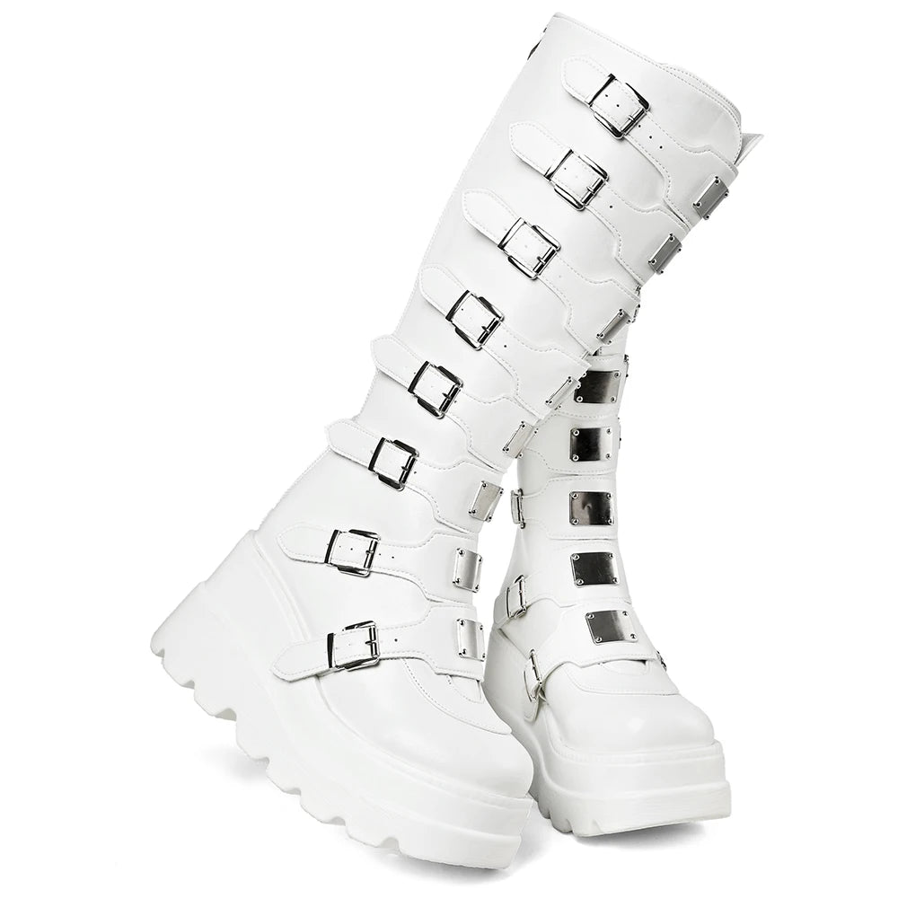 Goth Metal Buckle Combat Mid-Calf Boots For Women Round Toe Platform Chunky High Wedges