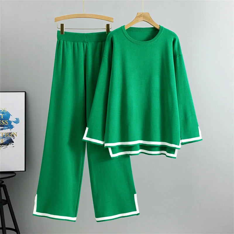 Elegant O-neck Side Slit Pullover Long Sleeve Sweater + Wide Leg Pants 2 Piece Sets Women's  Solid Color Casual Pantsuit