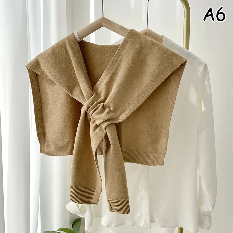 Neck Guard Scarf Solid Color Woman's Knitted Warm Shawl Winter Wool  Shoulders Fake Collar Cape Knotted Scarf