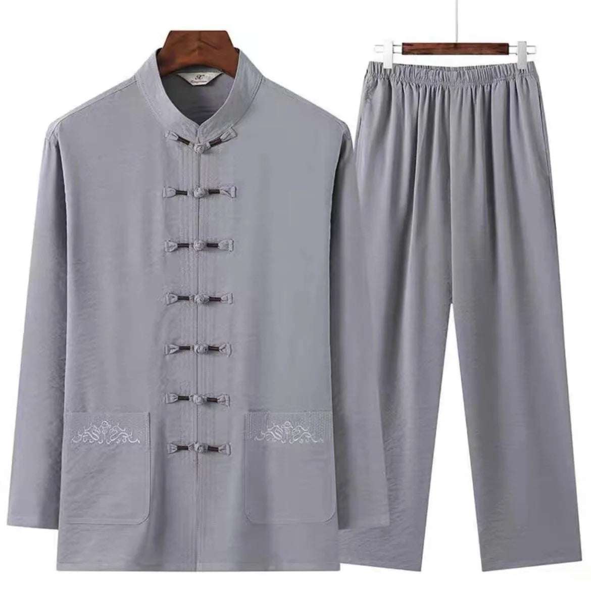 Chinese Traditional Clothing Set Man Fall Linen Buckle Shirt Oriental Retro Top Pants Tai Chi Breathable Uniforms