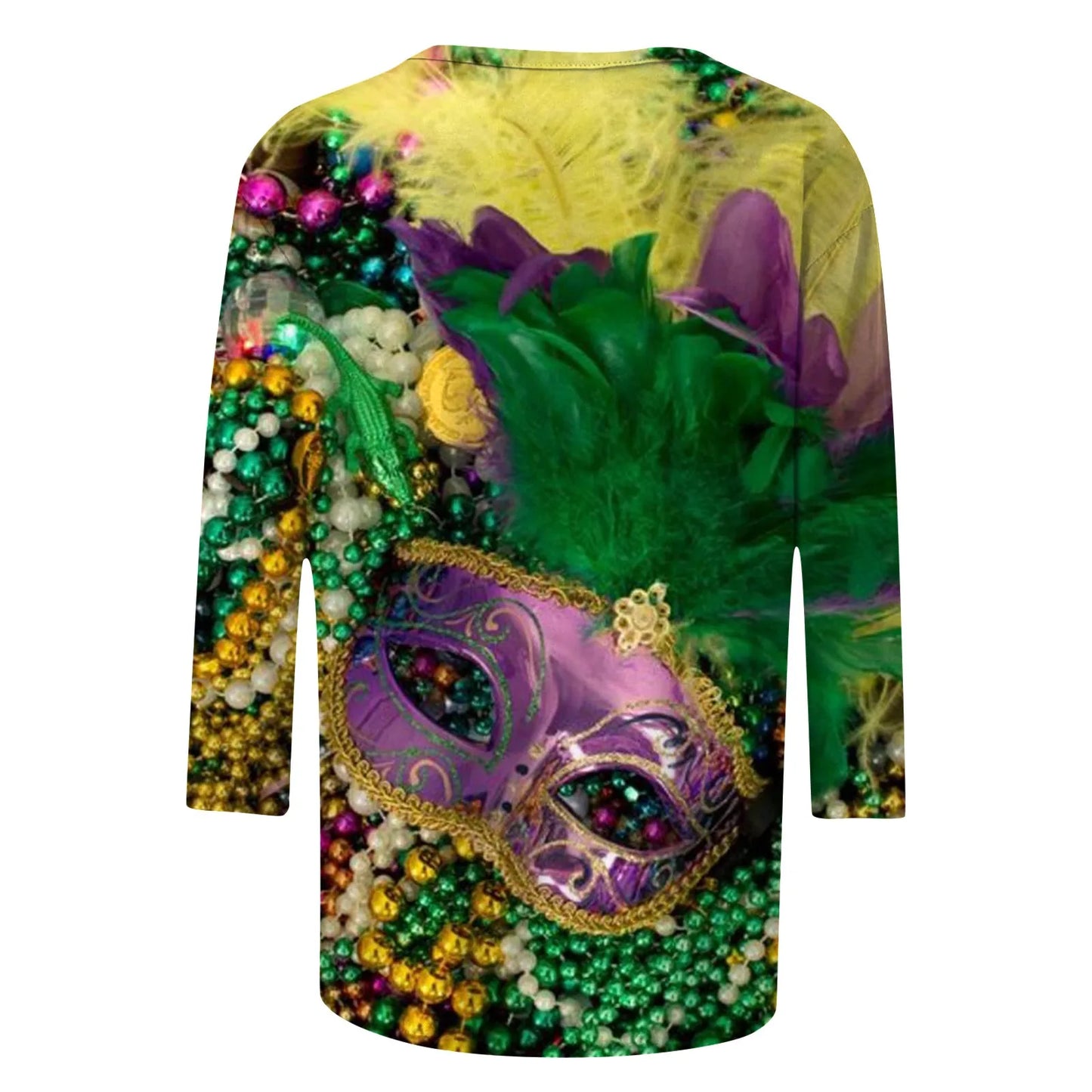 Carnival Printed Women Casual T-Shirts Spring Summer 3/4 Sleeve Round Neck Mardi Gras Clothing Plus Size Festival Party Tees Top