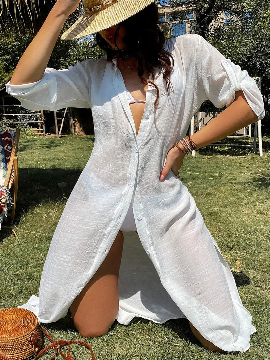 Loose Bikini Cover Up Solid Color Short Sleeve Button Down Shirt for Summer Swimsuit