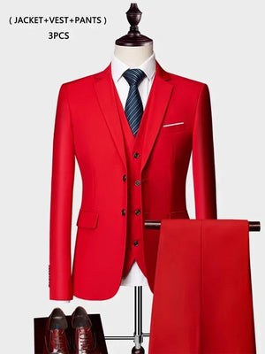 ( Jacket +Vest+ Pants ) Luxury Men's High-end Brand Solid Color Business Office Suit 3Pcs & 2Pcs Groom Wedding Party Suit Tuxedo