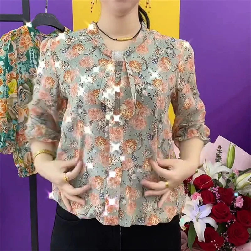 Ruffles Bow Rhinestone Floral Print Blouse
