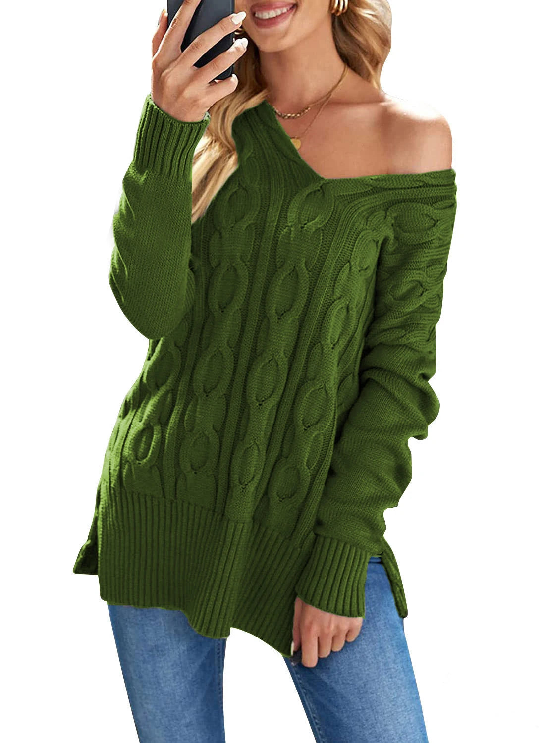 Plus Size Cable Knitted Pullover Sweater, Casual V Neck Long-Sleeved Slit Sweater