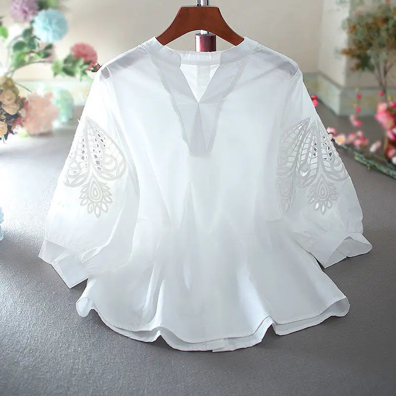 Hollow Out Loose Blouse Summer  V Neck Half Sleeve Solid Color