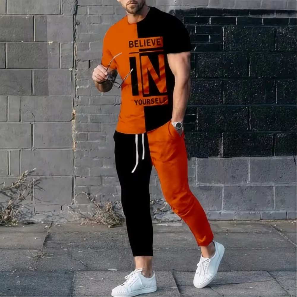 Summer fashion  men's T-shirt pants sportswear believe in yourself 3D printed T-shirt pants set 2-piece streetwear oversized