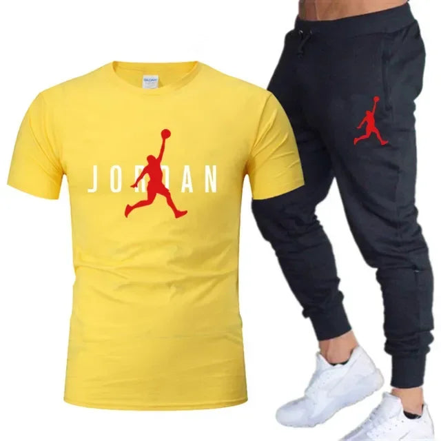 Summer Men's Tracksuit Suit Brand Short Sleeve T-Shirt + Trousers 2-Piece Sets Fitness Jogging Sports Pants Sportswear Suit