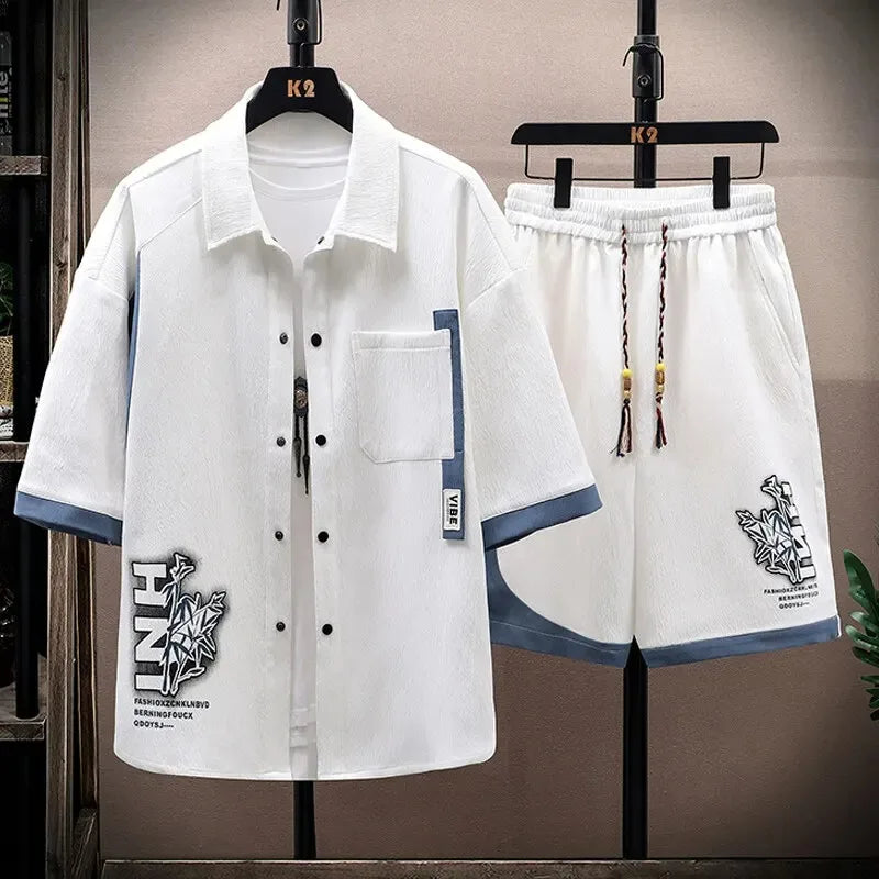Casual Sets Male Shorts and Shirts Men Shirts + Shorts Summer Elastic Waist Sportswear Men's Printing Pattern Men's Fashion