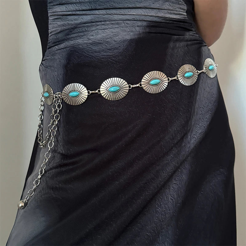 Fashion Silver Bohemian female circular waist chain luxury turquoise gemstone Ellipse chain belts for women