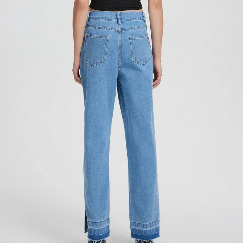 Women High Rise Slit Jeans Straight Wide Leg Loose Denim  Trousers Streetwear