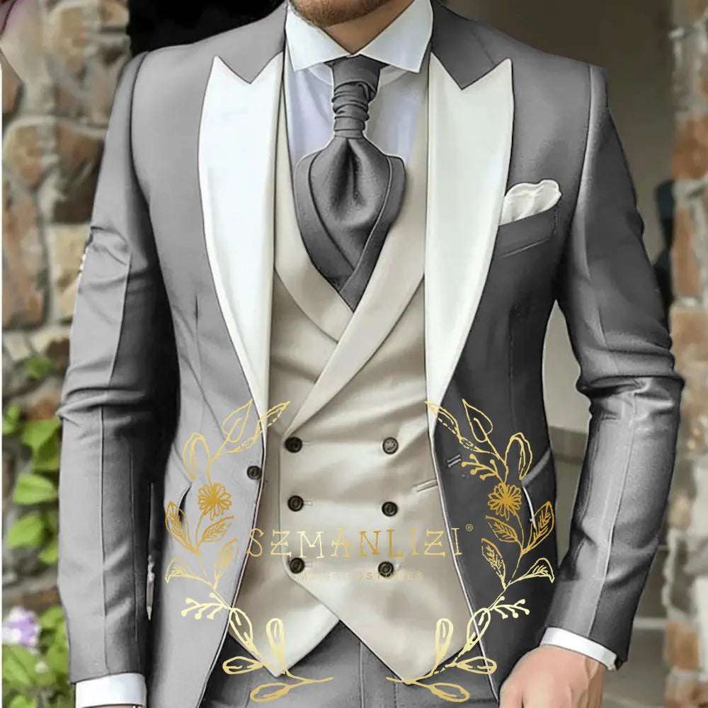 Classic Men's Suit 3 Piece Tuxedo Peaked Lapel Groomsmen Wedding Suits Set Fashion Men Business Blazer Pants Vest