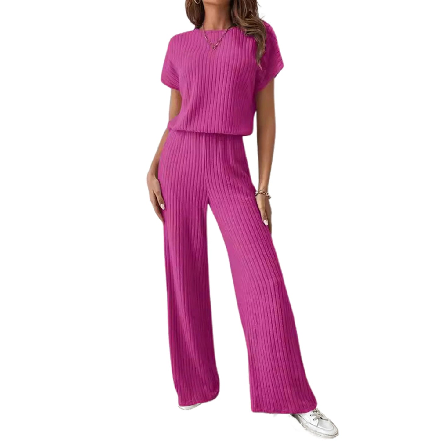 Women s 2 Piece Cozy Lounge Wear Set with Short Sleeve Ribbed Top and Wide Leg Pants for Casual Outings