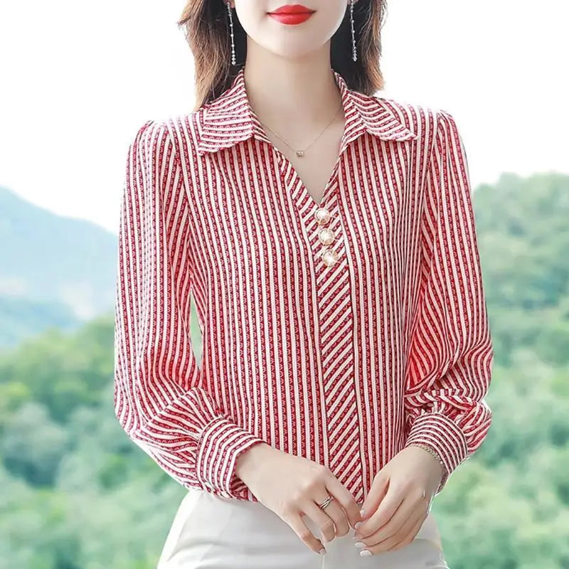 Striped Print  Office  Business Casual Shirt Spring Autumn Long Sleeve