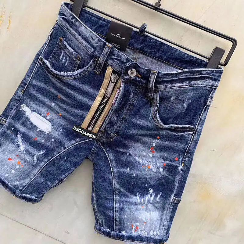 European and American Shorts with Gold Leather Strip Zipper Decoration, Holes, White Primer, Fashionable Unisex