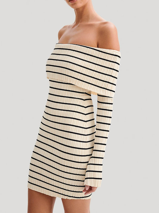 Striped Boat Neck Mini Dress with Long Sleeves and Off-Shoulder Design