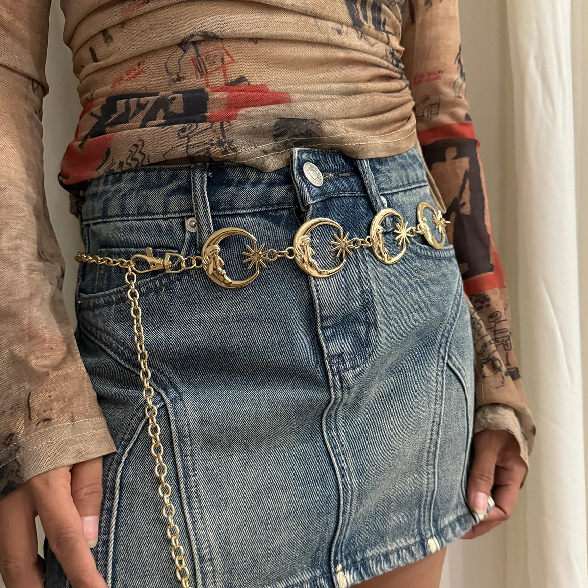 Punk Hip Hop Style All-match Waist chain sun Vintage Metal Womans Belt For Dress Moon High Waist Chain Belt for Women