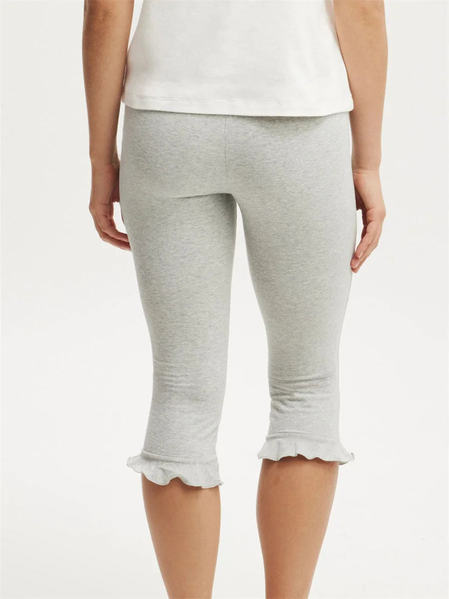 Women s Mid Waist Leggings with Solid Color Elastic Waist and Ruffled hem Casual Fashion Comfortable