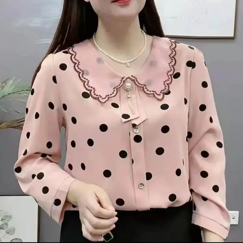 Peter Pan Collar Beading Embroidery Polka Dot Blouse