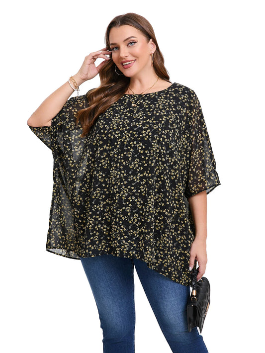 Summer Blouse Batwing Sleeve Oversized Chiffon  Scoop Neck  Casual