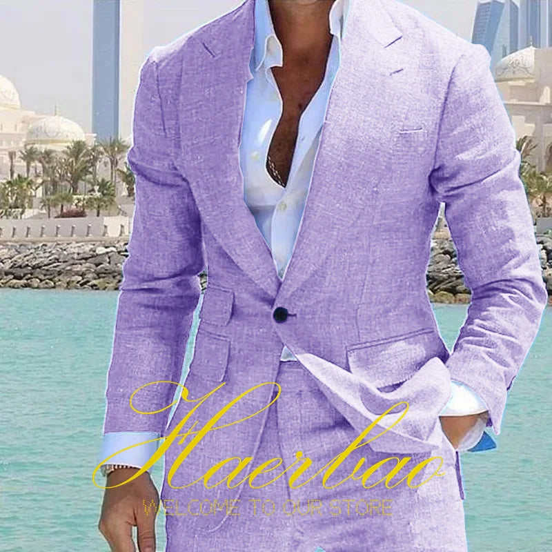 Summer Men's Linen Suit Set of 2 Wedding Groom Tuxedo Formal Lapel Jacket Pants Fashion Tailored Blazer for Men