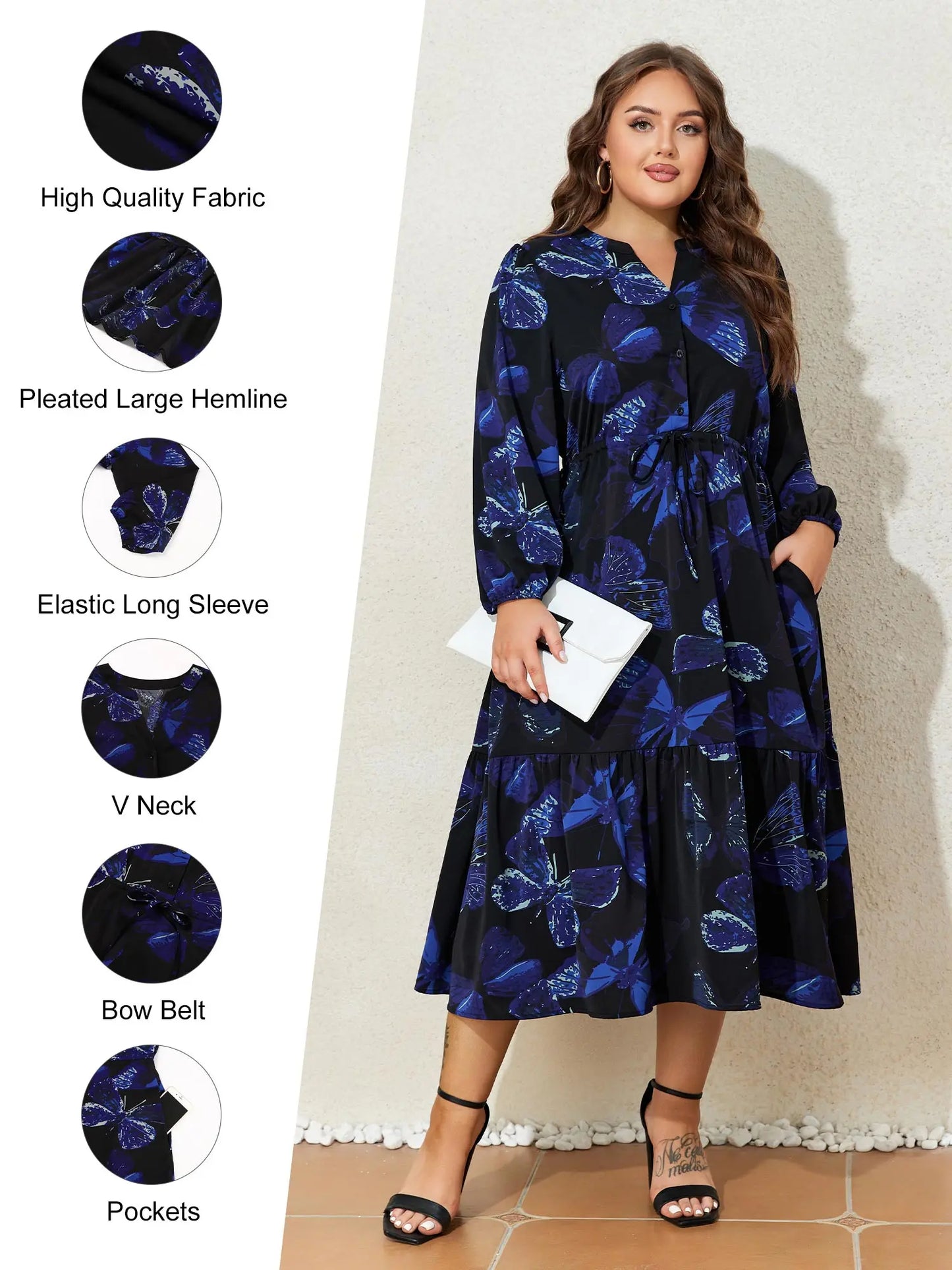 Plus Size Long Sleeve Dress for Women Solid  Casual Shirt Large Dress
