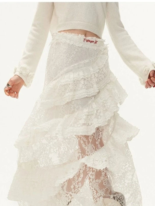 Deeptown Elegant Fairycore Lace Long Skirts Women Boho Irregular Tulle Layered Skirt Vintage White See Through Lace Skirts