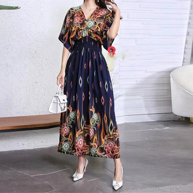 Colorful Flower V-neck Elastic Youthful Bohemian Sweet Midi Dress Woman Clothes Chic Fashion Summer Dresses