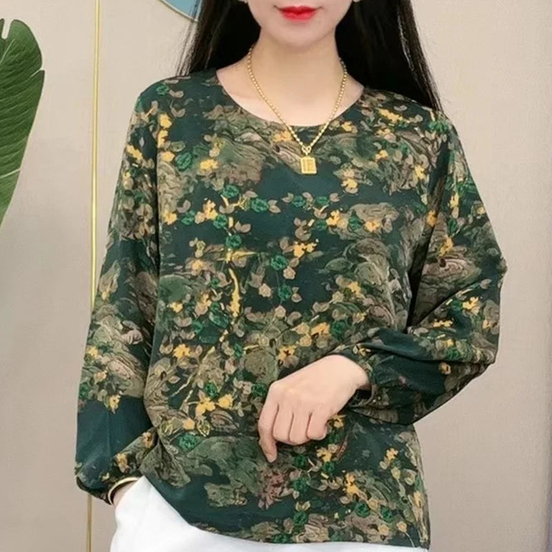 Vintage Print Round Collar Long Sleeve Loose Casual Chiffon Top