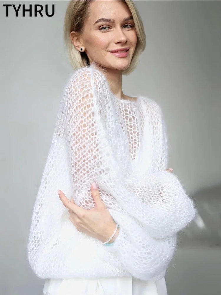 Women's Knitted Sweaters Lady Hollow out Mesh Thin Pullover See Through Look Lantern Sleeve Loose Tops Smock