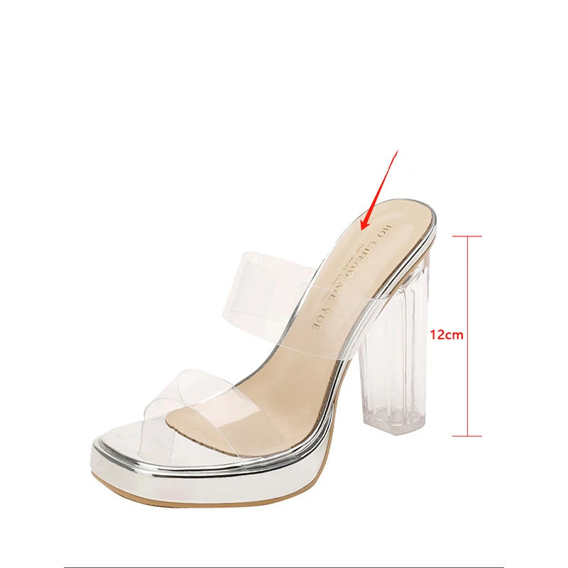 Summer Sexy Shoes Sheepskin Transparent High Heels Sandals for Outdoor Crystal Thick Heels