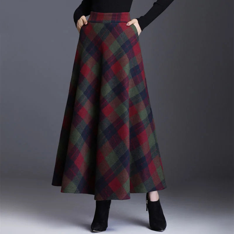 High Waist Woolen  Plaid Patchwork Pockets  A-line Large Swing Skirt
