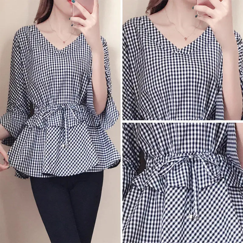 Lacing Plaid Blouse