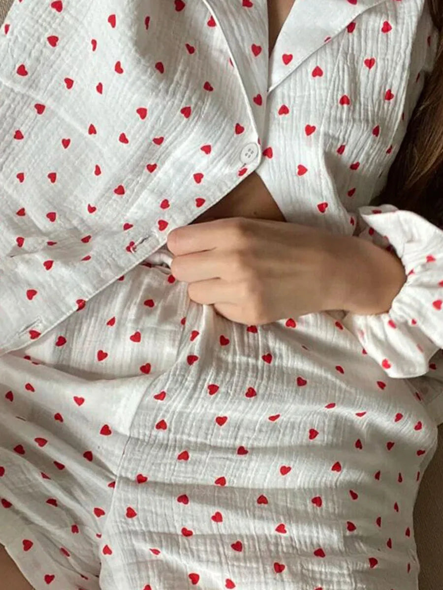 Women s Lightweight Pajama Set V-Neck Button Up Short Sleeve Shirt Elastic Waist Shorts with Cute Heart Pattern 2 Piece