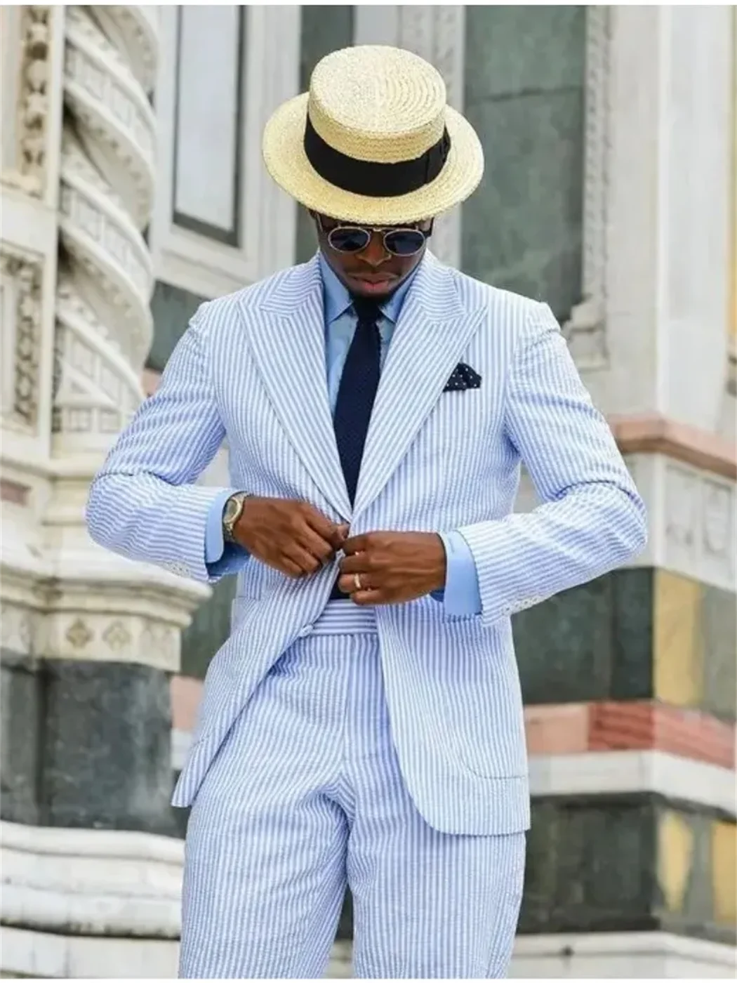 2 Pieces Casual Men Suits Seersucker Stripe Outfits Custom Wedding Groom Tuxedo Peaked Lapel Jacket + Pants