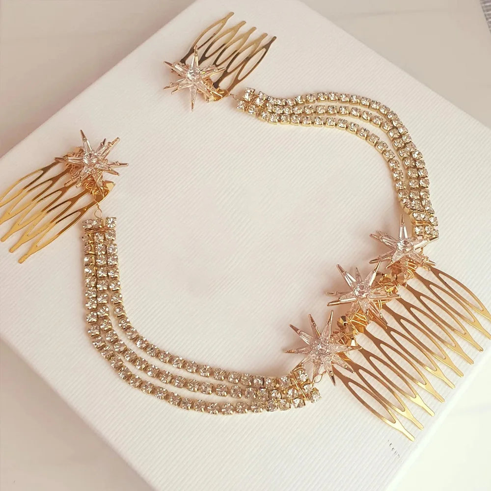 Luxury Star Hair Comb Rhinestone Chain Jewelry for Women Vintage  Multilayer Hair Chain