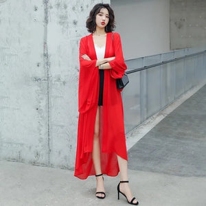 Summer Sun Protection Clothing Women Long Chiffon Cardigan Solid Color Ladies Shawl Female Cardigans Women Loose Thin Coats