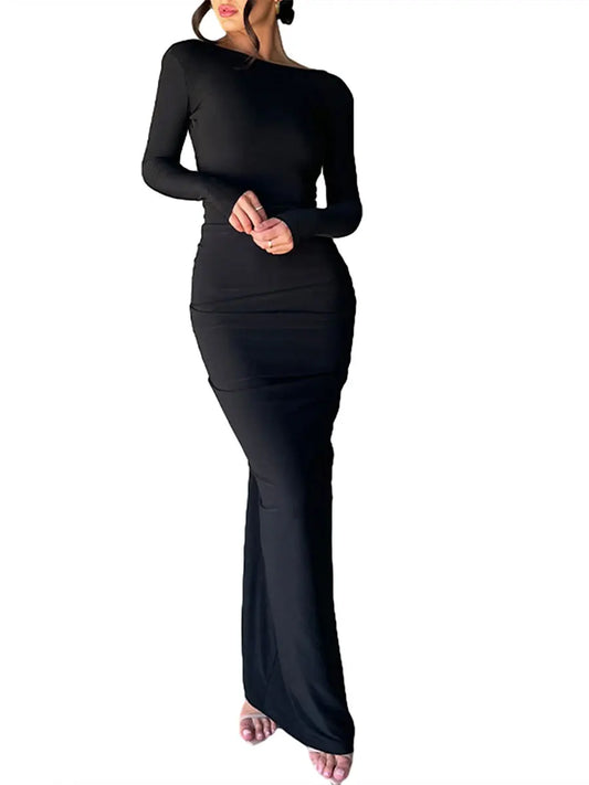 Long Bodycon Dress Solid Color Deep V-Neck Ruched Long Sleeve Dress