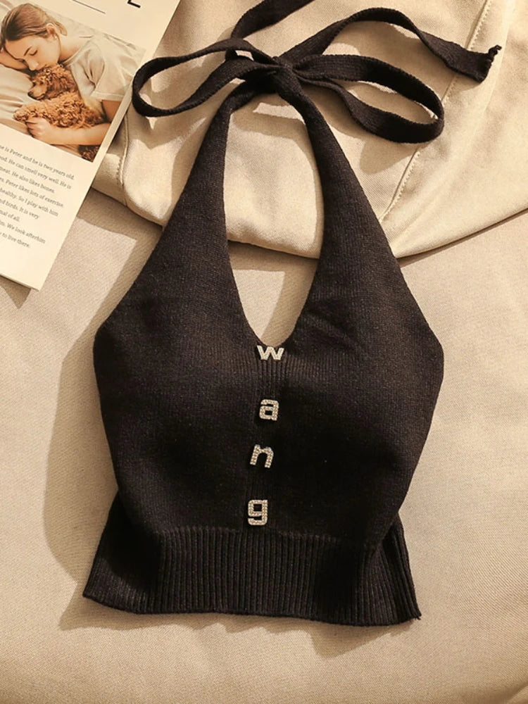 Sexy Cross Vest Crop Tops Women Sports T-shirt Knitted Off Shoulder V-Neck Solid Backless Tank Vest Halter  Top Camisole